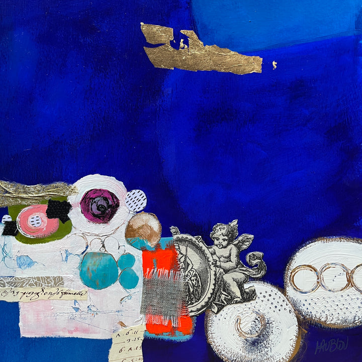 Le Gardieu Du Temps, artwork by Lau Blou. Acrylic paint, fabric, and gold leaf on cardboard. 14 by 14 inches.