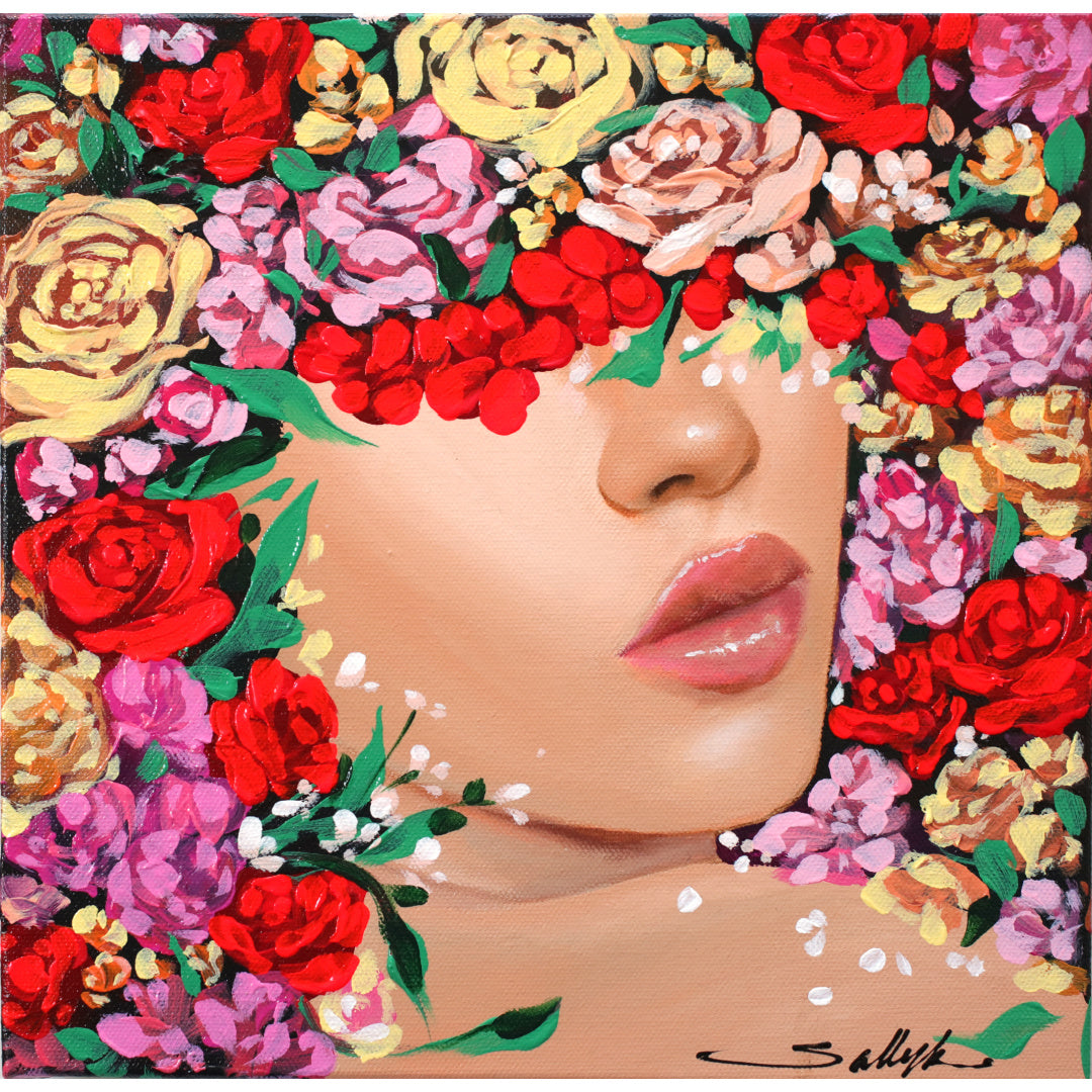 In Full Bloom VI, artwork by Sally K. Acrylic paint on canvas. 12 by 12 inches.