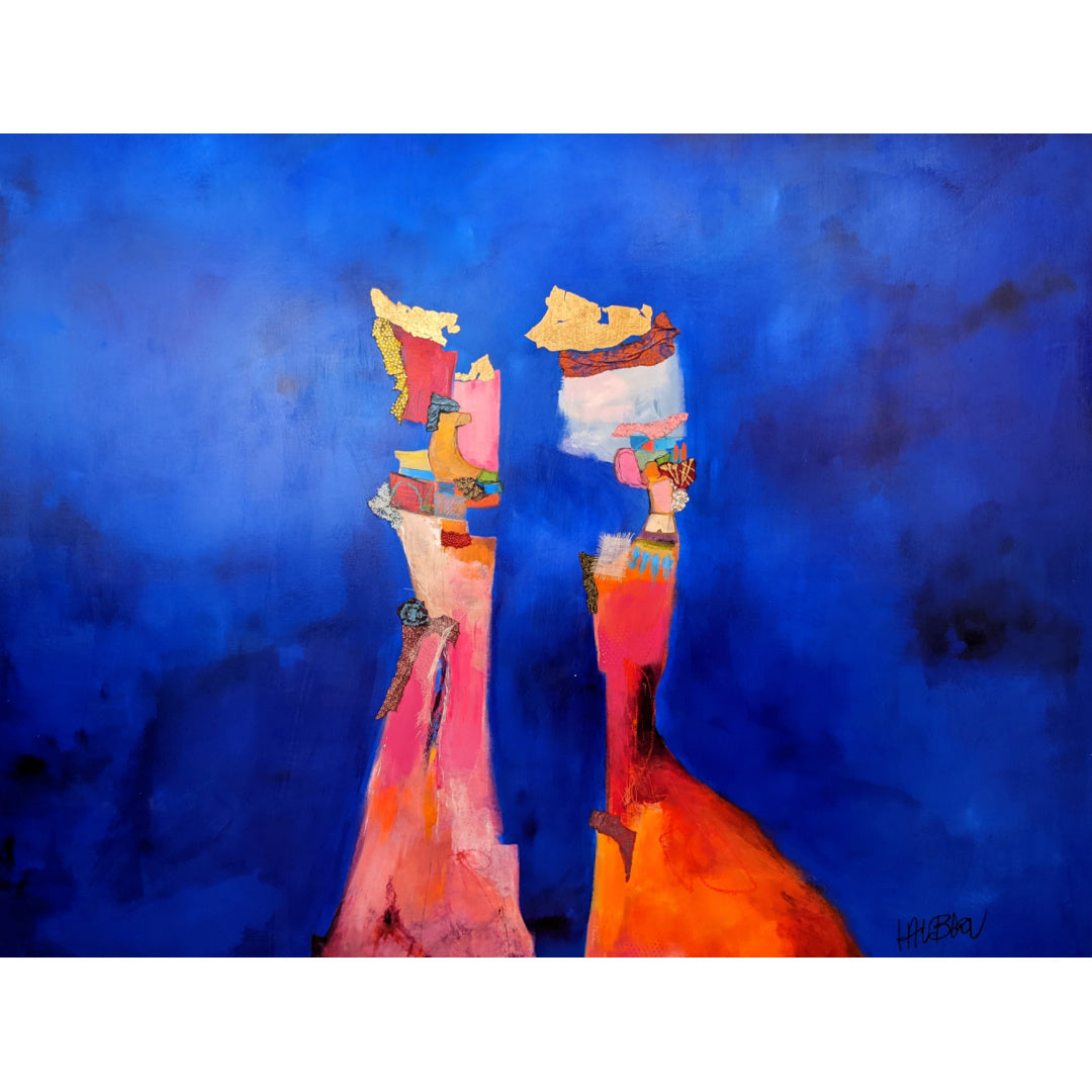 48" x 36" Instant De Confession artwork by Lau Blou. Acrylic and mixed media on canvas, cobalt blue clouds and abstract rock formations with gold leaf