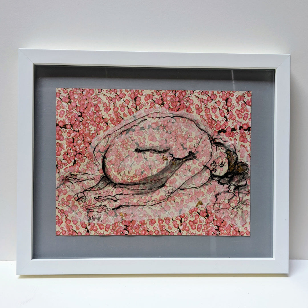 La Vie En Fleurs VIII, artwork by Corinne Labarussias. Charcoal, watercolor, & gold leaf on Japanese paper. 17.5 by 21.5 inches.