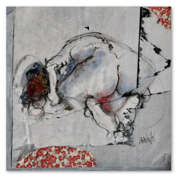 La Vie En Fleurs XXXIV, artwork by Corinne Labarussias. Charcoal, pigments, &amp; gold leaf on Japanese and advertising paper. 14 by 14 inches.