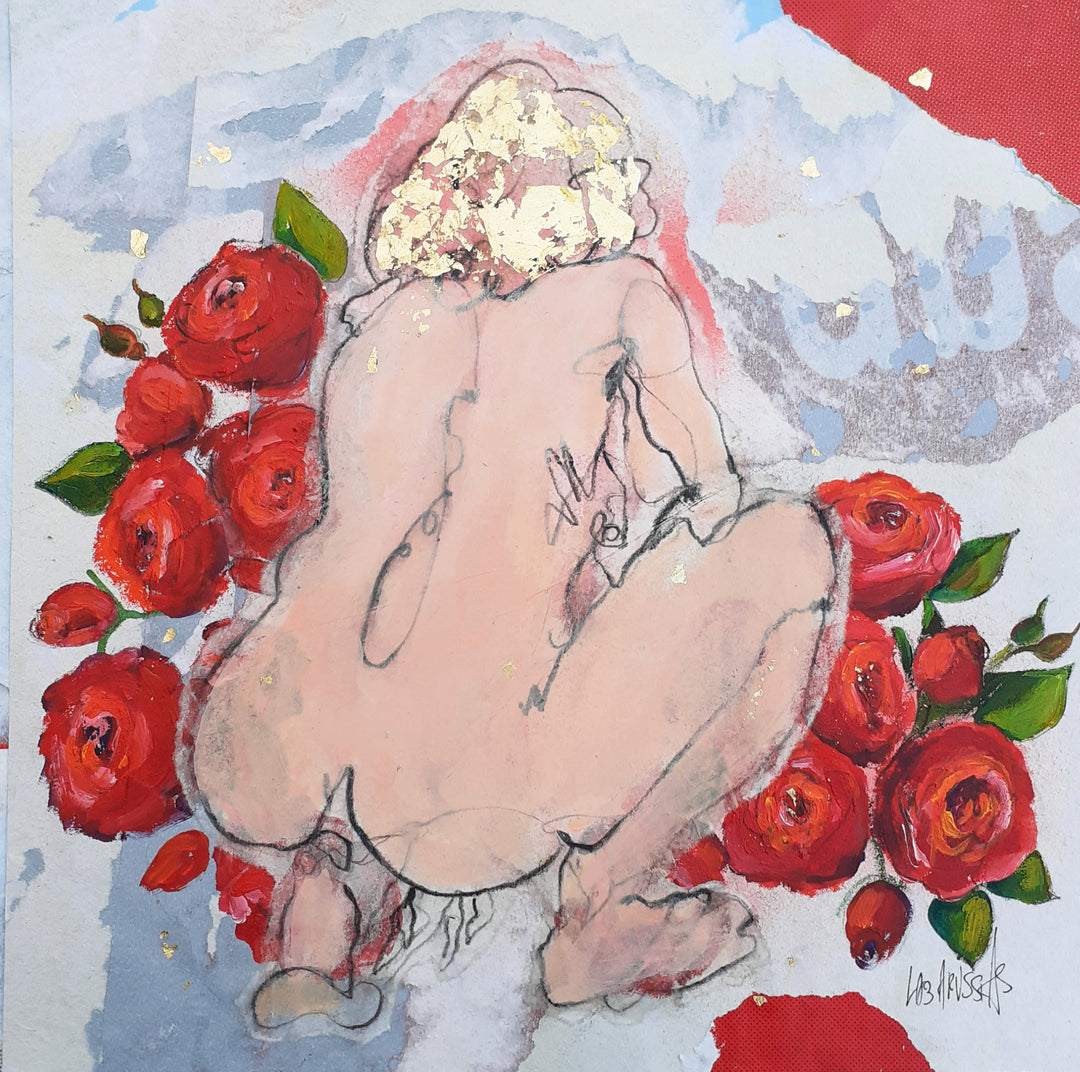 Corinne Labarussias "La vie en rose 60". Charcoal, pigments, paint &amp; gold leaf on 14x14" advertising paper. Portrait of nude female with flowers and blue background.