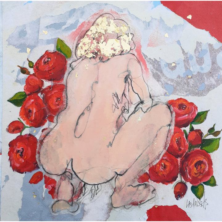 Corinne Labarussias "La vie en rose 60". Charcoal, pigments, paint &amp; gold leaf on 14x14" advertising paper. Portrait of nude female with flowers and blue background.
