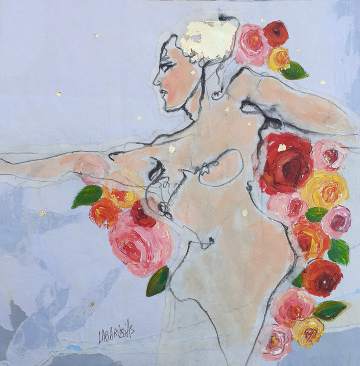 Corinne Labarussias "La vie en rose 63". Charcoal, pigments, paint &amp; gold leaf on 14x14" advertising paper. Portrait of nude female with flowers and blue background.