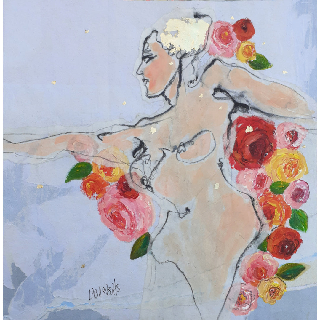 Corinne Labarussias "La vie en rose 63". Charcoal, pigments, paint &amp; gold leaf on 14x14" advertising paper. Portrait of nude female with flowers and blue background.