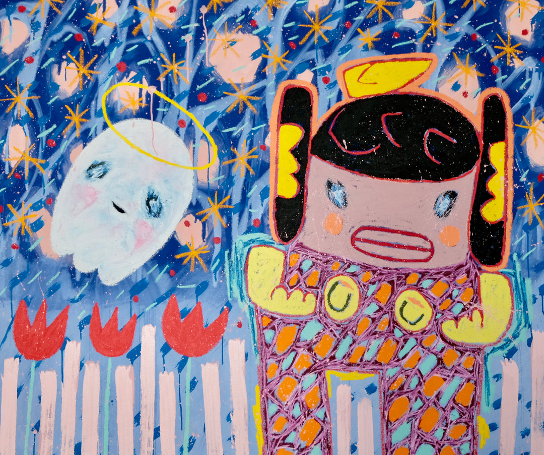 Little Fighter Girl in a Blue Celestial Arena with Ghost Buddy
