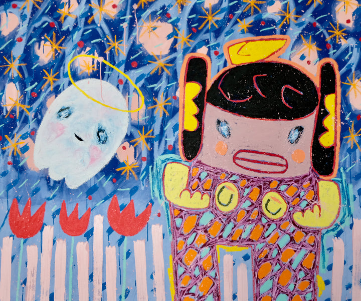 Little Fighter Girl in a Blue Celestial Arena with Ghost Buddy