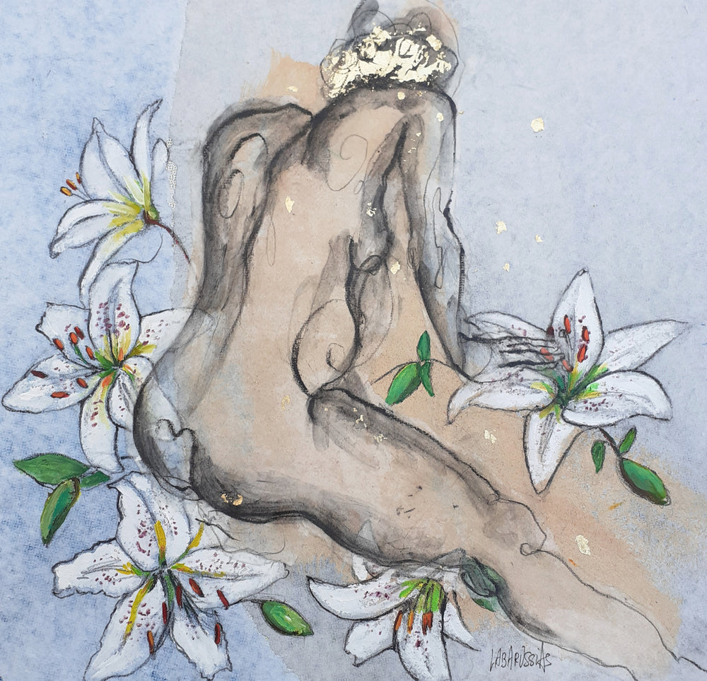 Corinne Labarussias "Lys 56". Charcoal, pigments, paint & gold leaf on 14x14" advertising paper. Portrait of nude female with flowers and blue background.