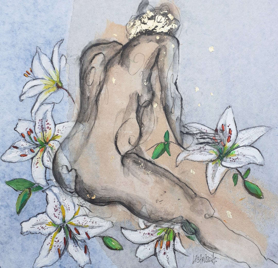 Corinne Labarussias "Lys 56". Charcoal, pigments, paint &amp; gold leaf on 14x14" advertising paper. Portrait of nude female with flowers and blue background.