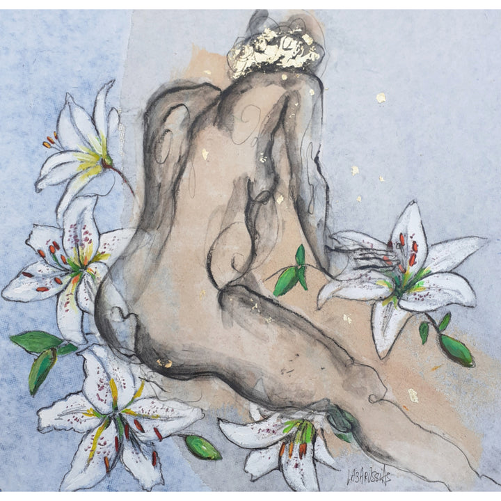 Corinne Labarussias "Lys 56". Charcoal, pigments, paint &amp; gold leaf on 14x14" advertising paper. Portrait of nude female with flowers and blue background.