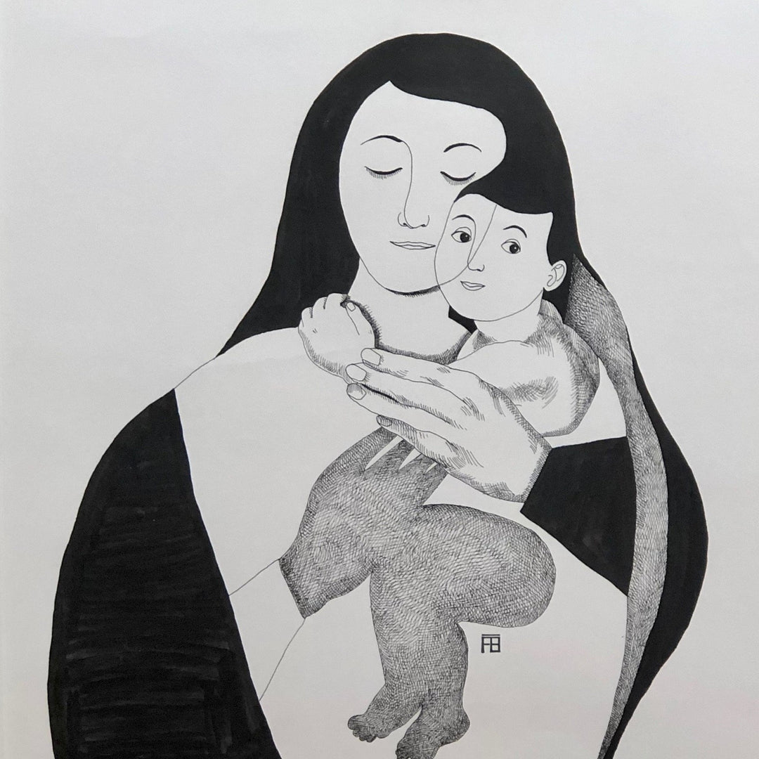 Maman, artwork by Florent Blache. Ink and acrylic on paper. 14 by 14 inches.