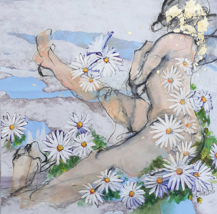 Corinne Labarussias "Marguerite 57". Charcoal, pigments, paint &amp; gold leaf on 14x14" advertising paper. Portrait of nude female with flowers and blue background.