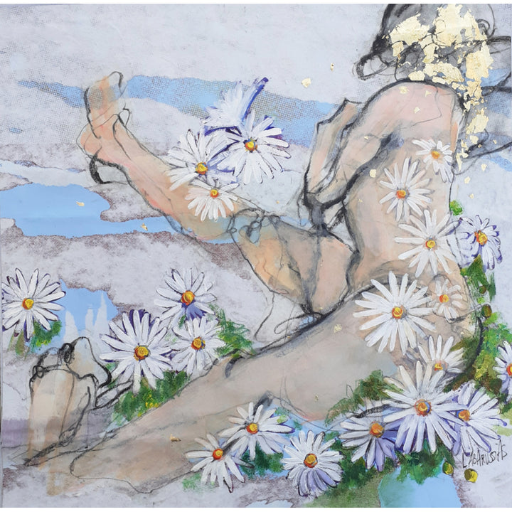 Corinne Labarussias "Marguerite 57". Charcoal, pigments, paint &amp; gold leaf on 14x14" advertising paper. Portrait of nude female with flowers and blue background.
