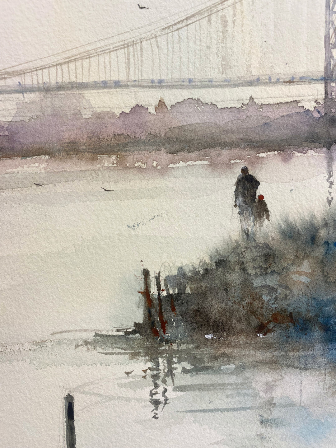 Detail of Morning in Philadelphia, artwork by Pierre Gutierrez. Watercolor on paper. 18 by 12 inches.