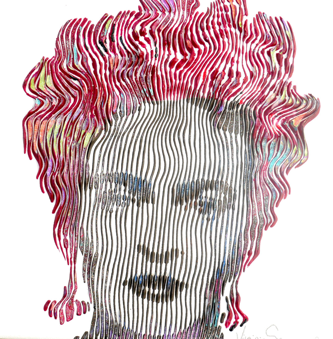 Virginie Schroeder "Frida Khalo, The Most Talented Artist I Know", 10" x 10" white and multicolor abstract portrait painting. Acrylic and oil on canvas.