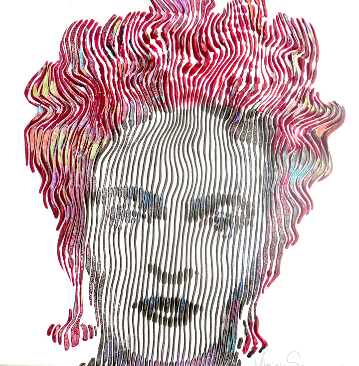 Virginie Schroeder "Frida Khalo, The Most Talented Artist I Know", 10" x 10" white and multicolor abstract portrait painting. Acrylic and oil on canvas.