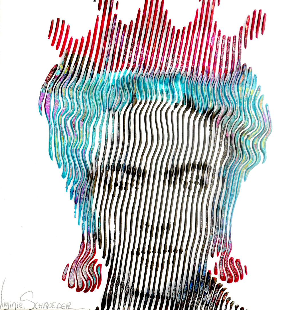 Virginie Schroeder "Frida Khalo, The Queen of The Artist In The World", 10" x 10" white and multicolor abstract portrait painting. Acrylic and oil on canvas.