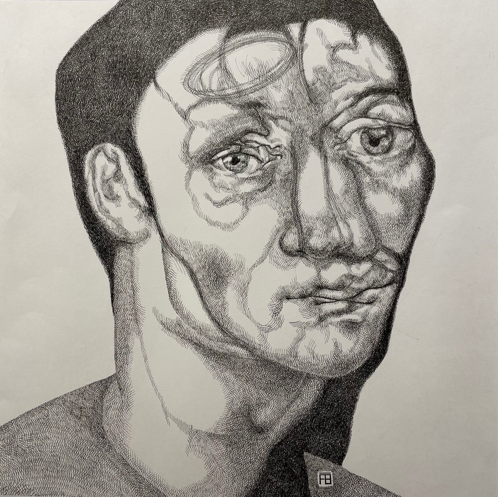 Pensif, artwork by Florent Blache. Ink & acrylic on paper. 14 by 14 inches.