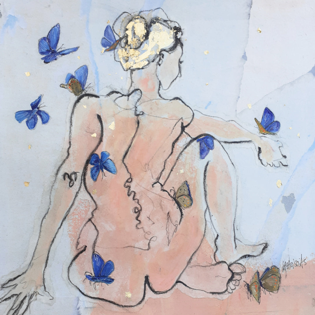 Corinne Labarussias "Papillons bleus 53". Charcoal, pigments & gold leaf on 14x14" advertising paper. Portrait of nude female with butterflies and blue background.