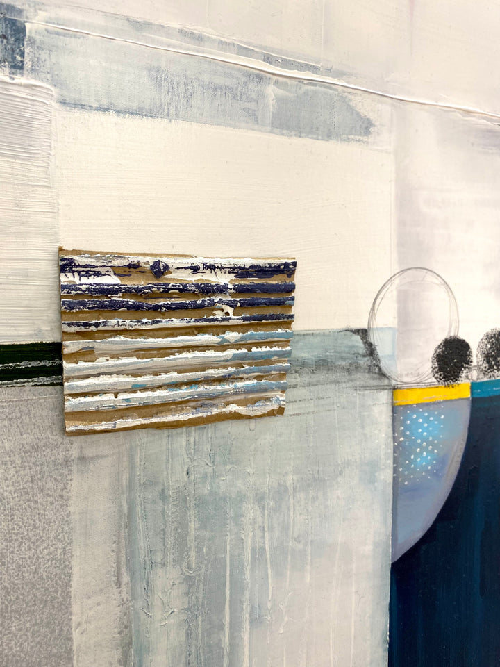 Detail of Lau Blou 48" x 48" Paradis blanc white abstract painting