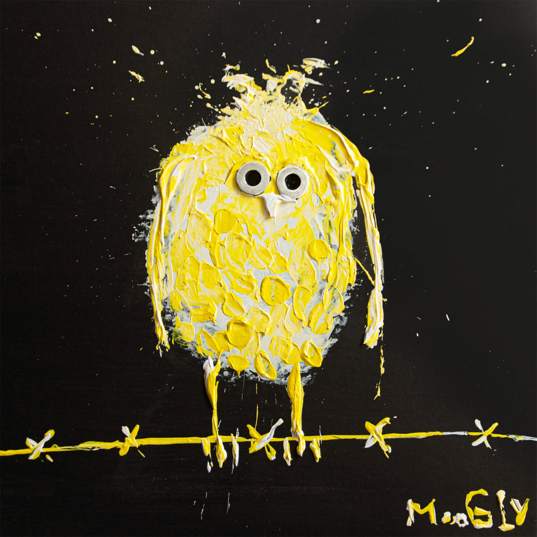 Moogly "Pineappled", 14" x 14" black and yellow abstract animal painting. Acrylic and collage on board.
