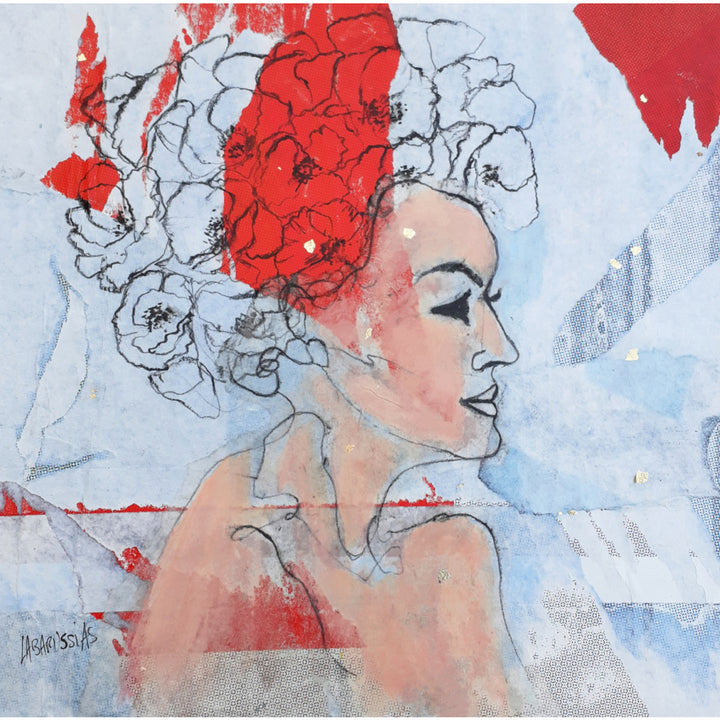 Corinne Labarussias "Portrait Poppies 59". Charcoal, pigments &amp; gold leaf on 14x14" advertising paper. Portrait of female with flowers and blue background.