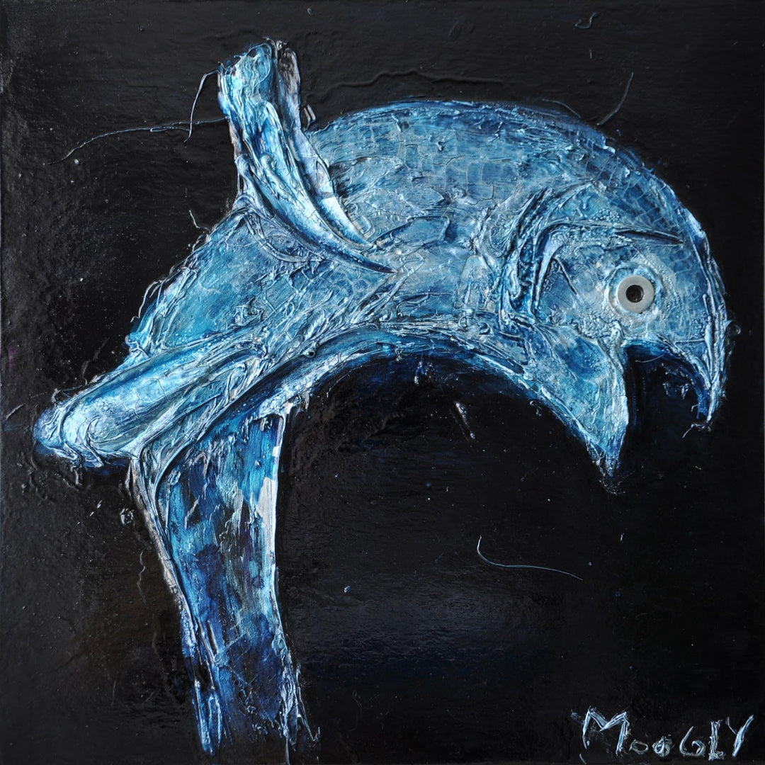Propelled, artwork by Moogly. Acrylic paint, India ink, natural pigments, collage & lacquer on cardboard. 14 by 14 inches.