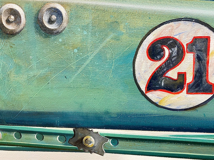 detail of Roadster Verde, painting by Wendy Chidester. Oil paint on canvas. 28.75 by 49.5 inches.