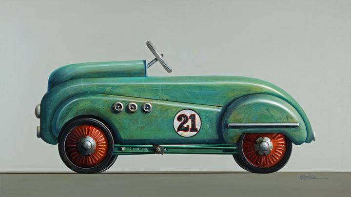 Roadster Verde, painting by Wendy Chidester. Oil paint on canvas. 28.75 by 49.5 inches.