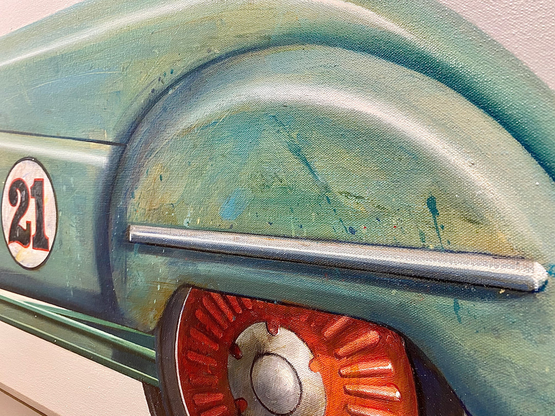 detail of Roadster Verde, painting by Wendy Chidester. Oil paint on canvas. 28.75 by 49.5 inches.