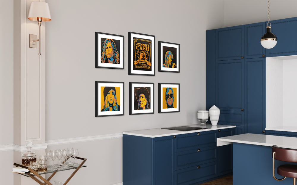 Willie Nelson and a series of other artworks by Suave Gonzalez, displayed in a home.