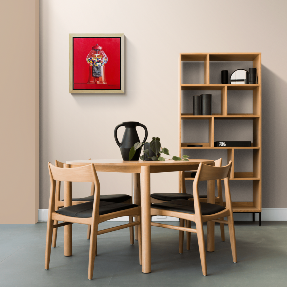 Try Some, painting by Wendy Chidester, displayed in a dining room. Oil paint on canvas. 22 by 20 inches.