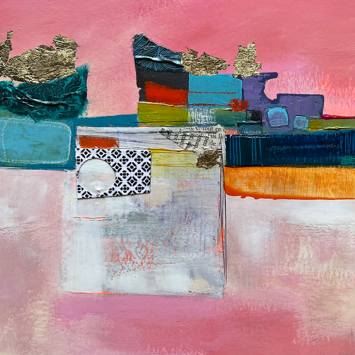 detail of Matin Tout Doux, artwork by Lau Blou. Acrylic paint, fabric, and gold leaf on cardboard. 14 by 14 inches.