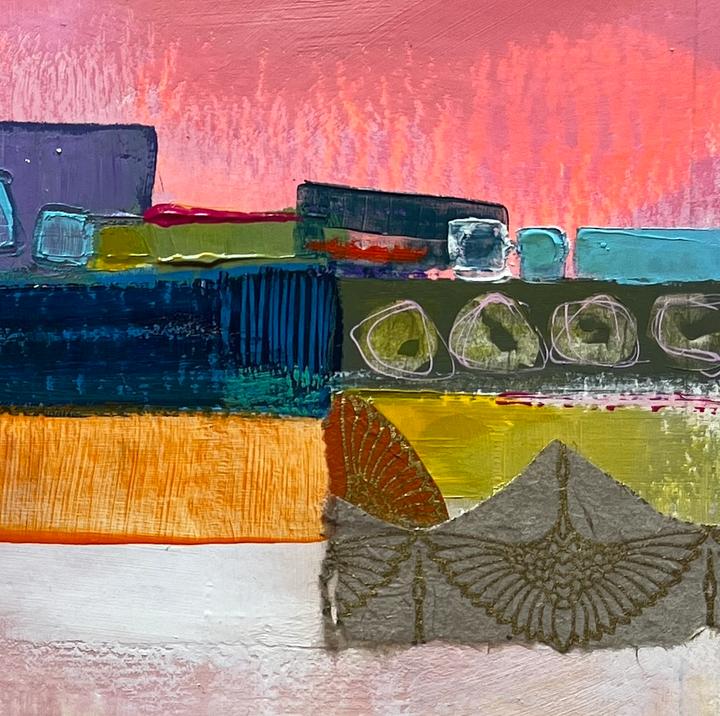 detail of Matin Tout Doux, artwork by Lau Blou. Acrylic paint, fabric, and gold leaf on cardboard. 14 by 14 inches.