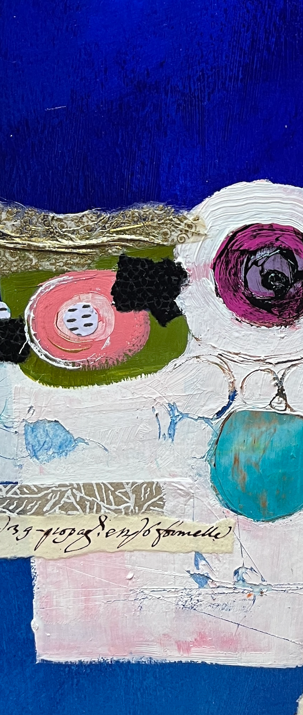 detail of Le Gardieu Du Temps, artwork by Lau Blou. Acrylic paint, fabric, and gold leaf on cardboard. 14 by 14 inches.