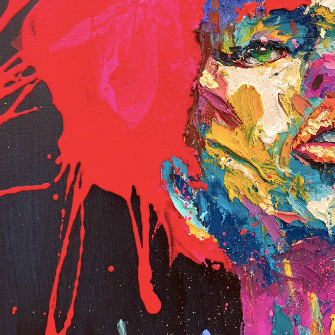 Front facing portrait of woman looking upwards slightly in thick gestural abstract brush stroked in multi color and gold foil with red splattered hair on black background
