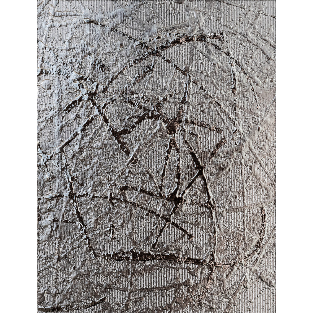M. Clark "Silver Texture No. 35". Silver foil on illustration board mounted to 10.5"x8"x0.5" sintra panel. Abstract silver textural painting.