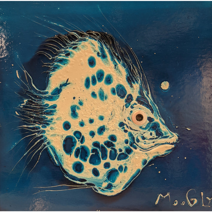 Tropicalized, artwork by Moogly. Acrylic and collage on cardboard. 10 by 10 inches.