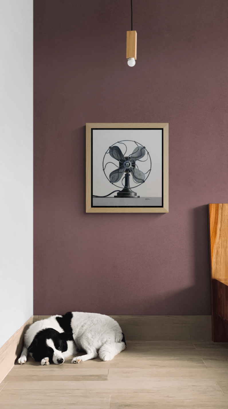 W Fan, painting by Wendy Chidester, displayed in a room with a dog. Oil paint on canvas. 22 by 20 inches.