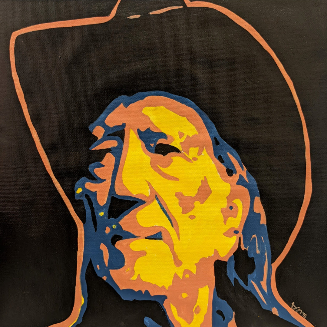Willie Nelson, artwork by Suave Gonzalez. Acrylic paint on canvas. 14 by 14 inches.