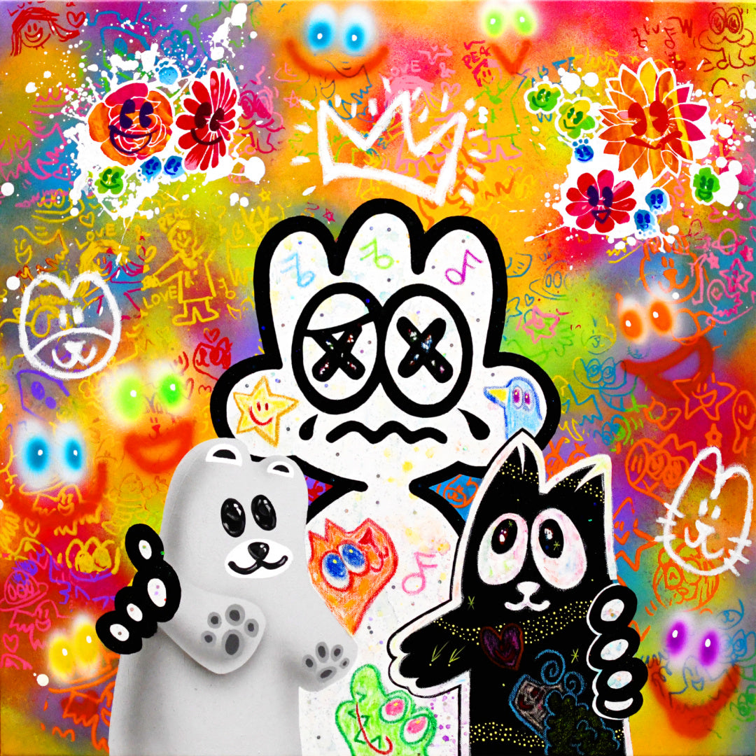 Yusuke Toda - YUM Consoled by Friends, black and white, multicolor contemporary painting. Acrylic and oil stick on 25.5" x 25.5" canvas