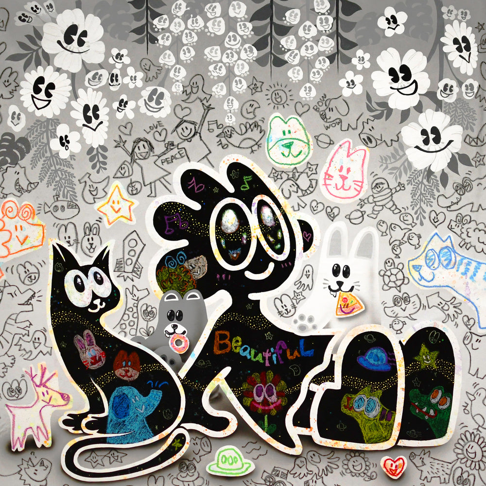 Yusuke Toda - YUM and Friends Viewing Flowers, black and white, multicolor contemporary painting. Acrylic and oil stick on 35.4" x 35.4" canvas
