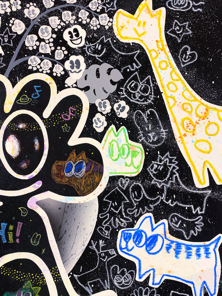 Detail of Yusuke Toda - YUM and RIN, black and white, multicolor contemporary painting. Acrylic and oil stick on 35.4" x 35.4" canvas