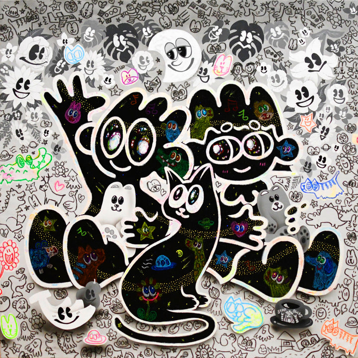 Yusuke Toda - YUM and RIN Hello!, black and white, multicolor contemporary painting. Acrylic and oil stick on 45.2" x 45.2" canvas