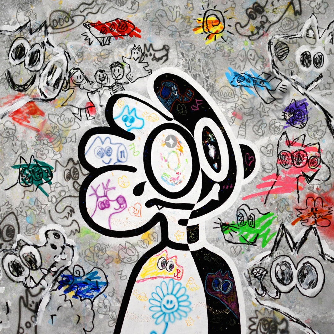 Yusuke Toda - YUM in Wonderland, black and white, multicolor contemporary painting. Acrylic and oil stick on 35.4" x 35.4" canvas