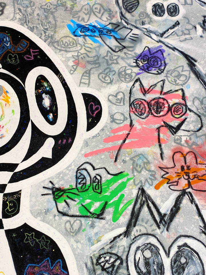Detail of Yusuke Toda - YUM in Wonderland, black and white, multicolor contemporary painting. Acrylic and oil stick on 35.4" x 35.4" canvas