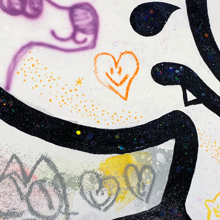Detail of Yusuke Toda - YUM in Wonderland, black and white, multicolor contemporary painting. Acrylic and oil stick on 35.4" x 35.4" canvas