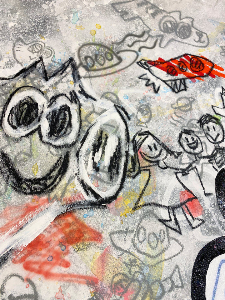 Detail of Yusuke Toda - YUM in Wonderland, black and white, multicolor contemporary painting. Acrylic and oil stick on 35.4" x 35.4" canvas