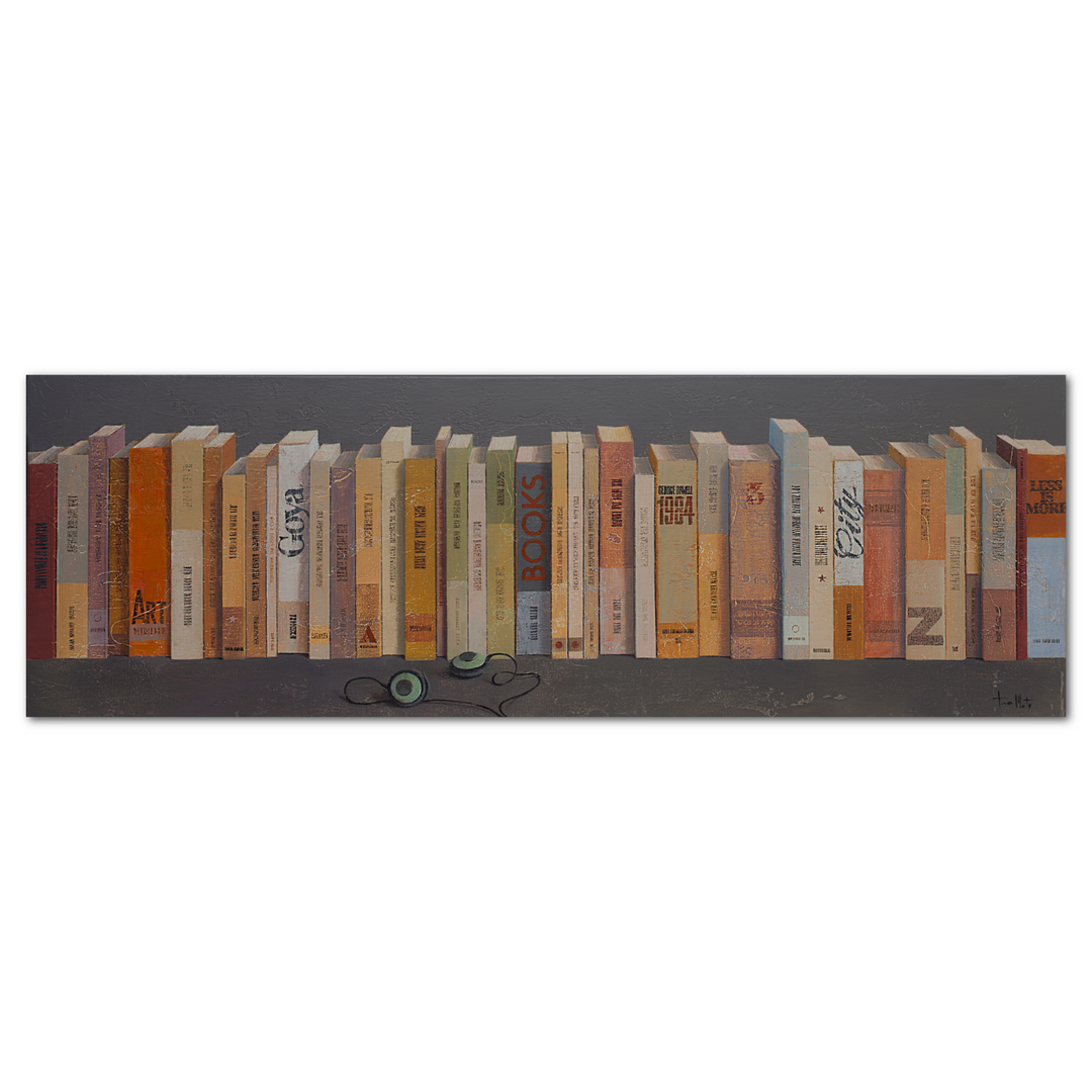 Books and Headphones, artwork by Tomasa Martín. Oil and acrylic on linen, horizontal painting of lots of books next to each other and a pair of headphones.