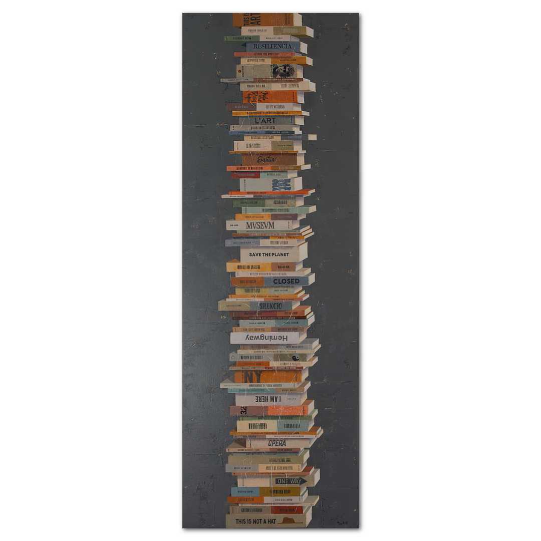 Books In Balance II, artwork by Tomasa Martín. Oil and acrylic on linen, vertical painting of stacked books on a charcoal gray bcackground.